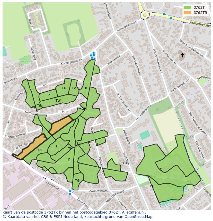 Afbeelding van het postcodegebied 3762 TR op de kaart.