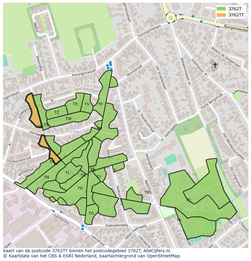 Afbeelding van het postcodegebied 3762 TT op de kaart.