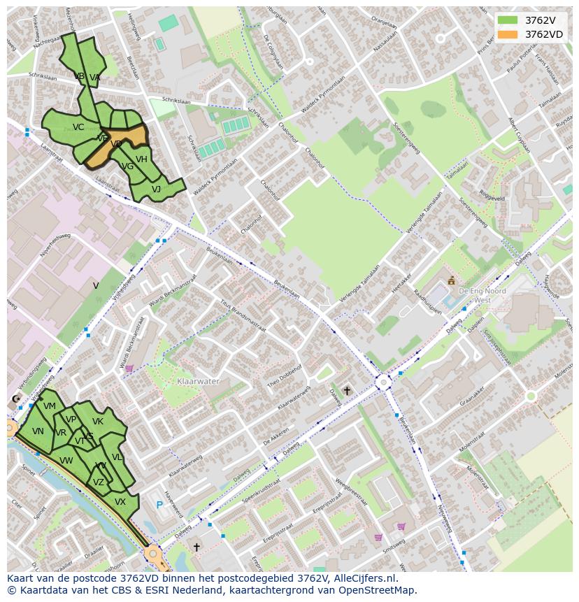 Afbeelding van het postcodegebied 3762 VD op de kaart.