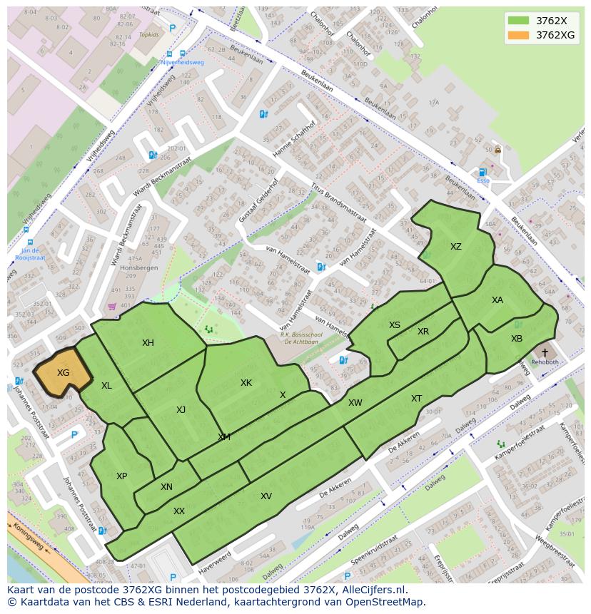 Afbeelding van het postcodegebied 3762 XG op de kaart.