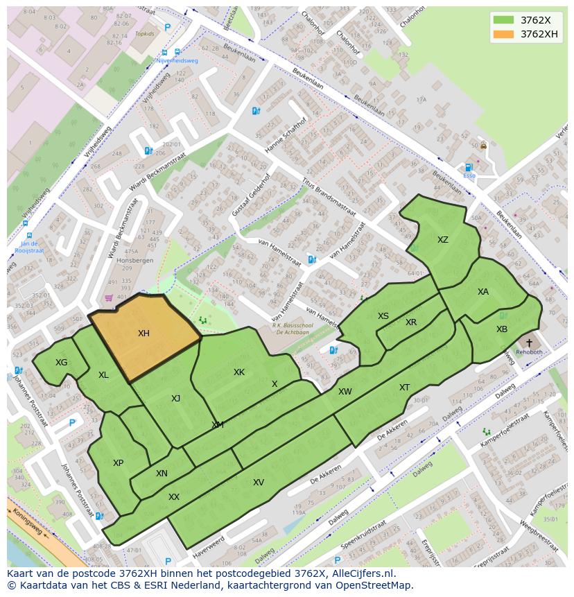 Afbeelding van het postcodegebied 3762 XH op de kaart.