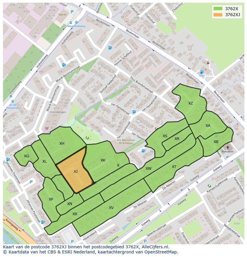 Afbeelding van het postcodegebied 3762 XJ op de kaart.