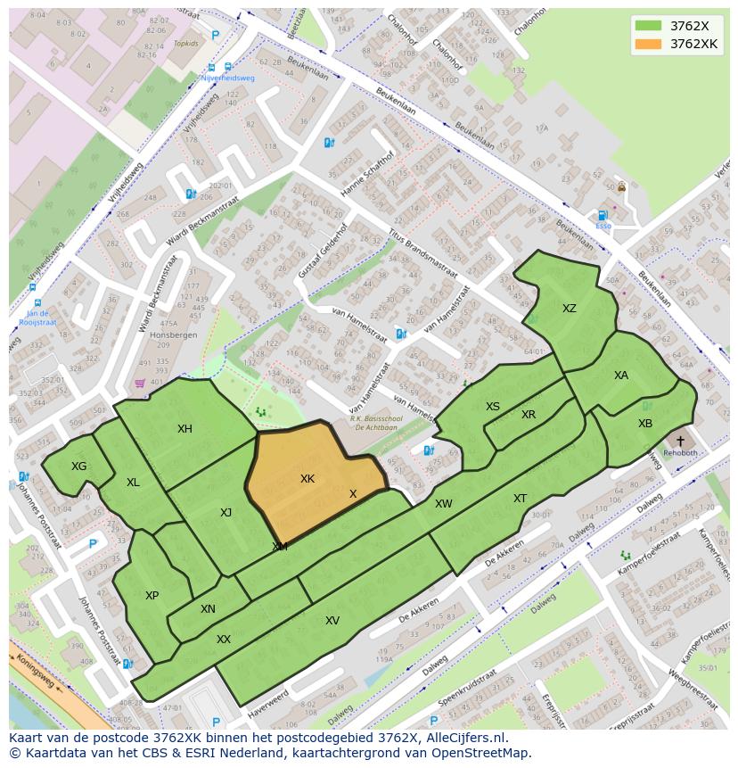 Afbeelding van het postcodegebied 3762 XK op de kaart.