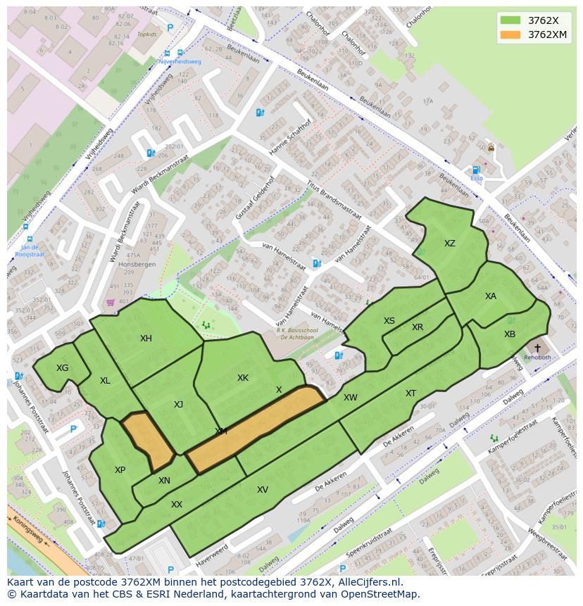 Afbeelding van het postcodegebied 3762 XM op de kaart.
