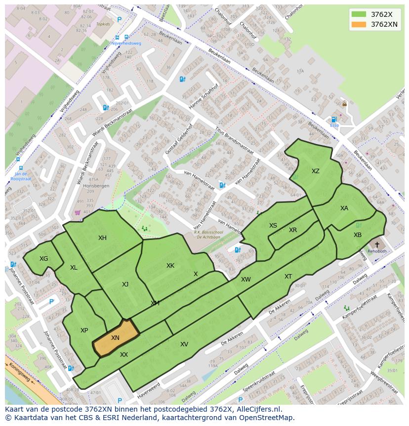 Afbeelding van het postcodegebied 3762 XN op de kaart.