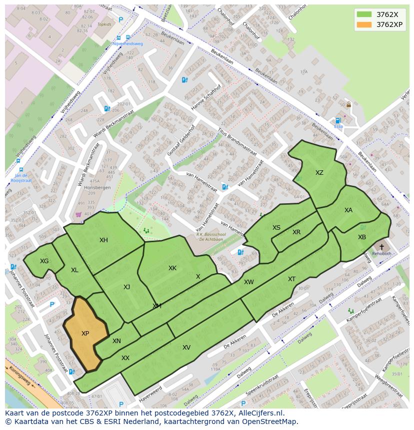 Afbeelding van het postcodegebied 3762 XP op de kaart.