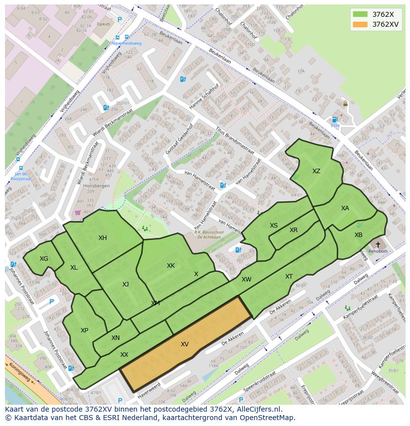 Afbeelding van het postcodegebied 3762 XV op de kaart.