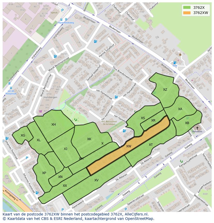 Afbeelding van het postcodegebied 3762 XW op de kaart.