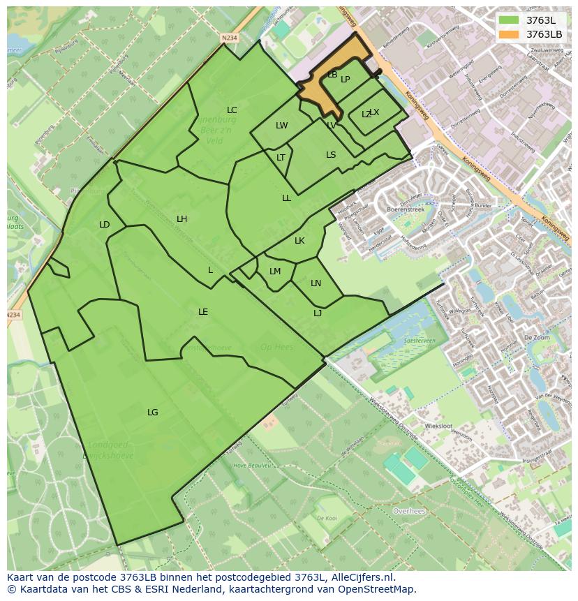 Afbeelding van het postcodegebied 3763 LB op de kaart.
