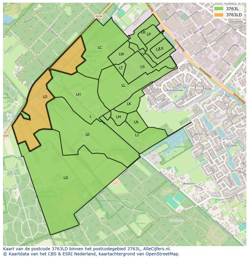 Afbeelding van het postcodegebied 3763 LD op de kaart.