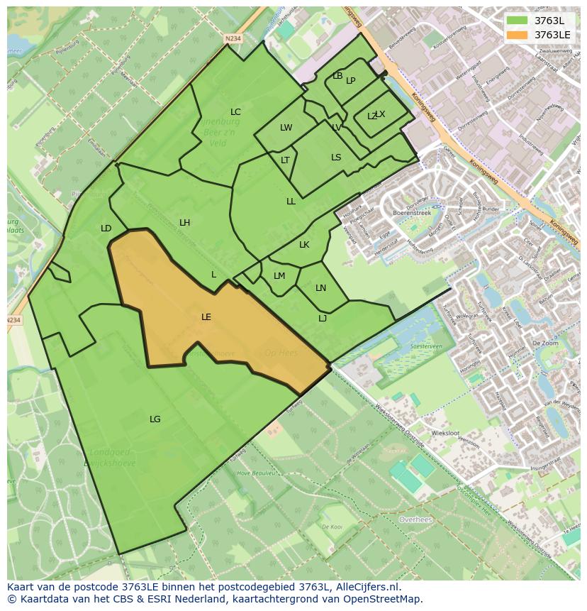 Afbeelding van het postcodegebied 3763 LE op de kaart.