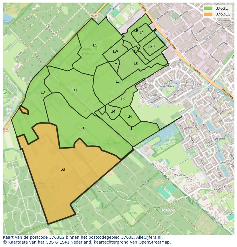 Afbeelding van het postcodegebied 3763 LG op de kaart.