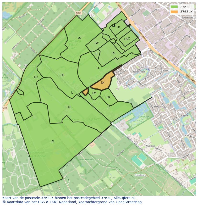 Afbeelding van het postcodegebied 3763 LK op de kaart.