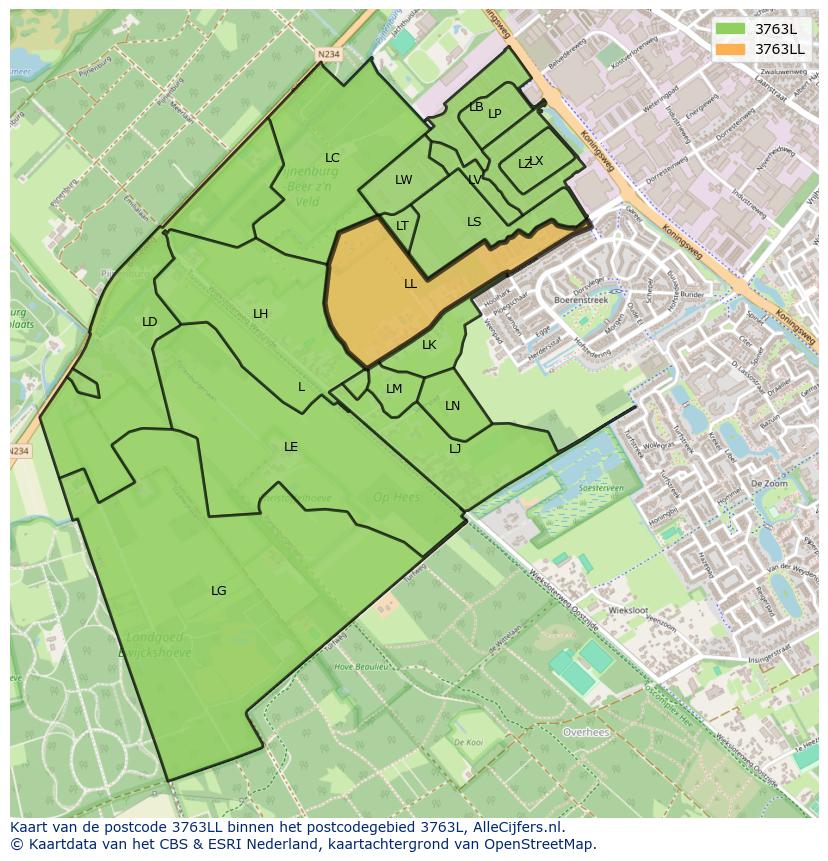 Afbeelding van het postcodegebied 3763 LL op de kaart.