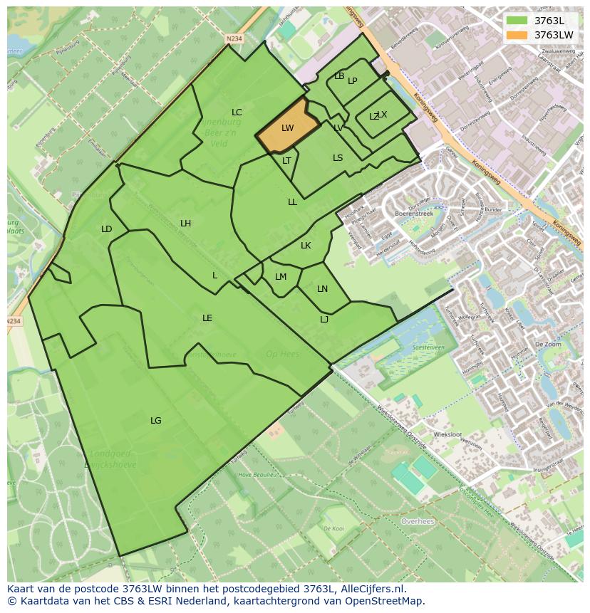 Afbeelding van het postcodegebied 3763 LW op de kaart.
