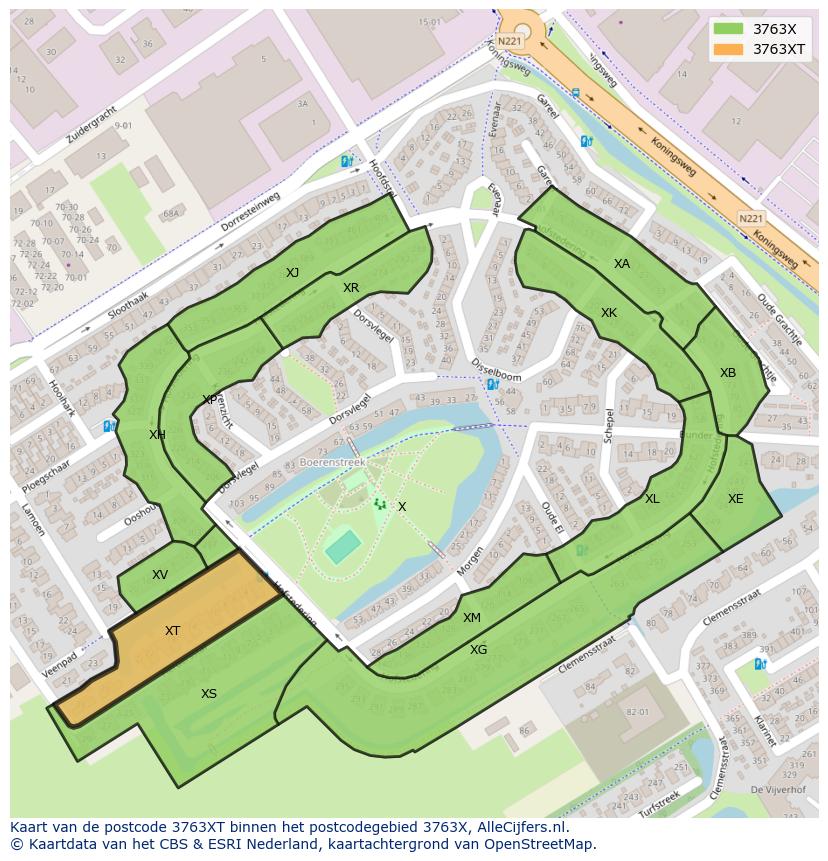 Afbeelding van het postcodegebied 3763 XT op de kaart.