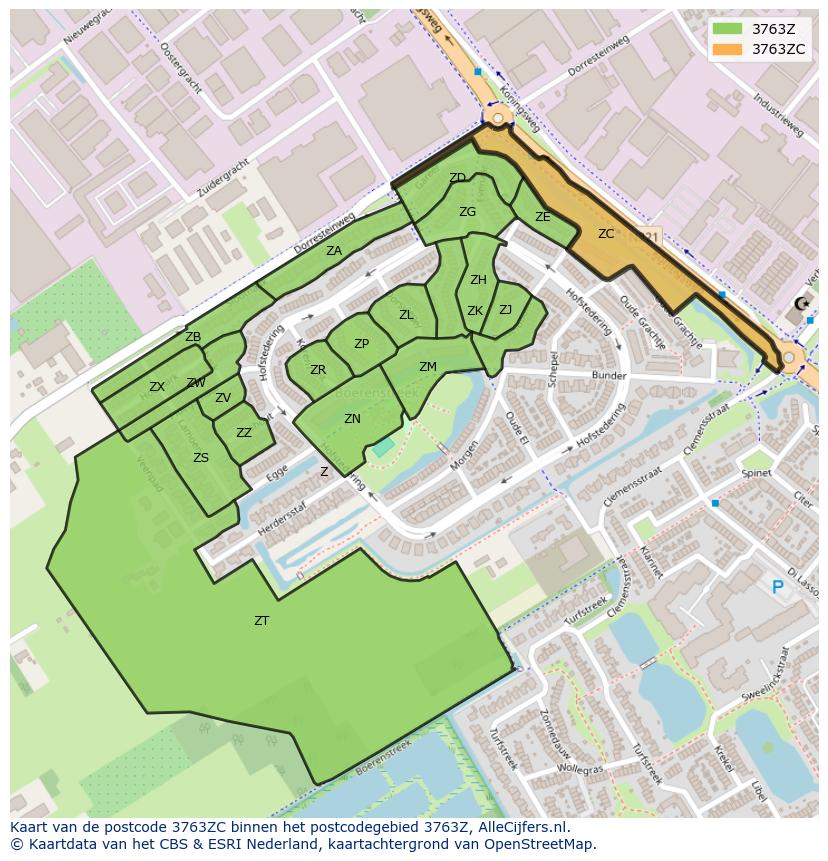 Afbeelding van het postcodegebied 3763 ZC op de kaart.