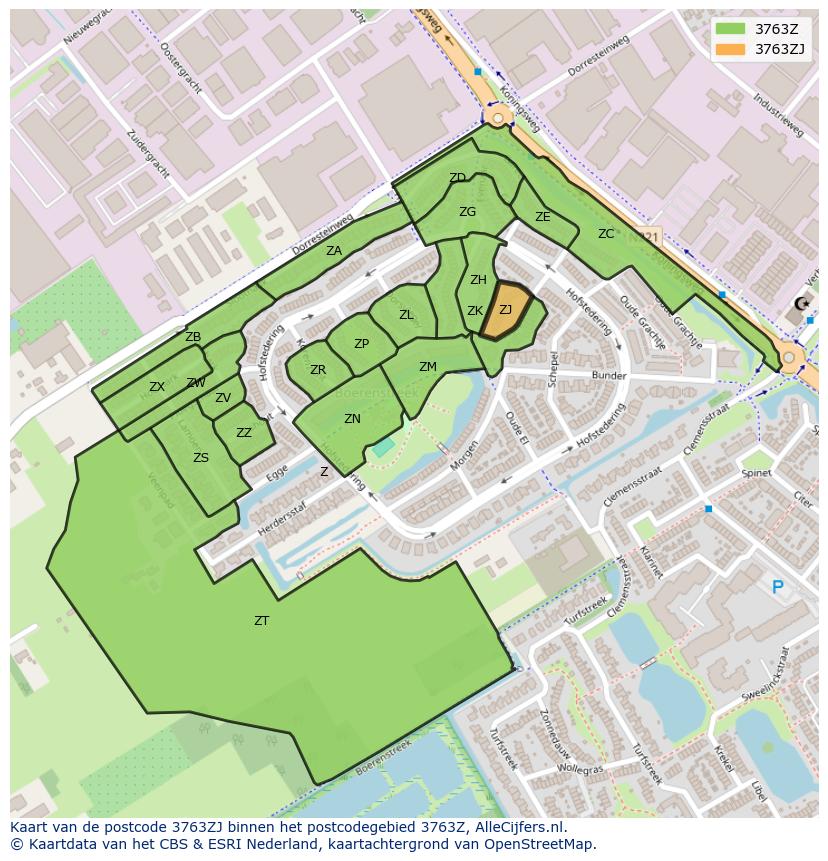 Afbeelding van het postcodegebied 3763 ZJ op de kaart.