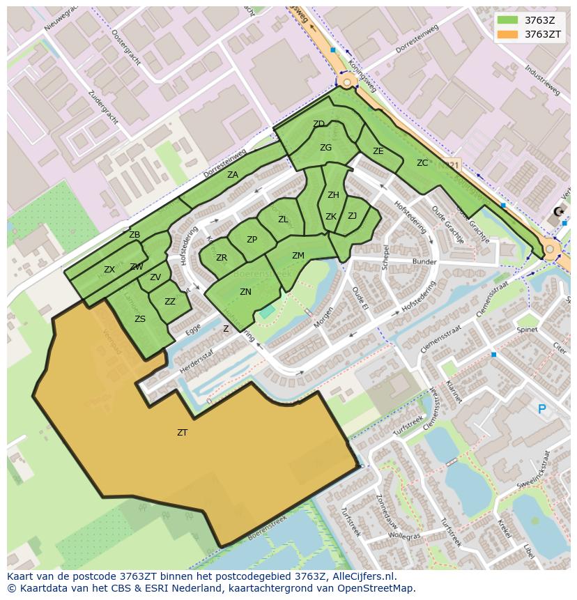 Afbeelding van het postcodegebied 3763 ZT op de kaart.