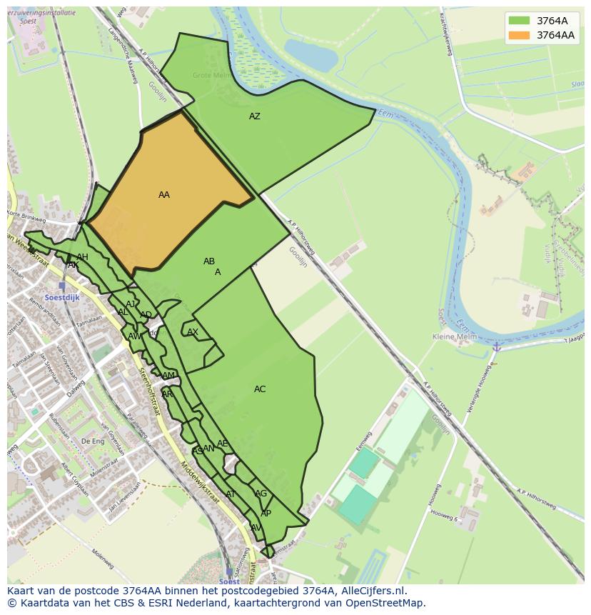 Afbeelding van het postcodegebied 3764 AA op de kaart.