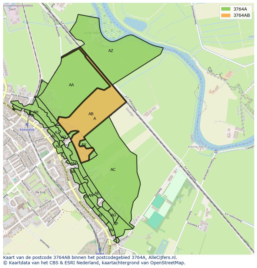 Afbeelding van het postcodegebied 3764 AB op de kaart.