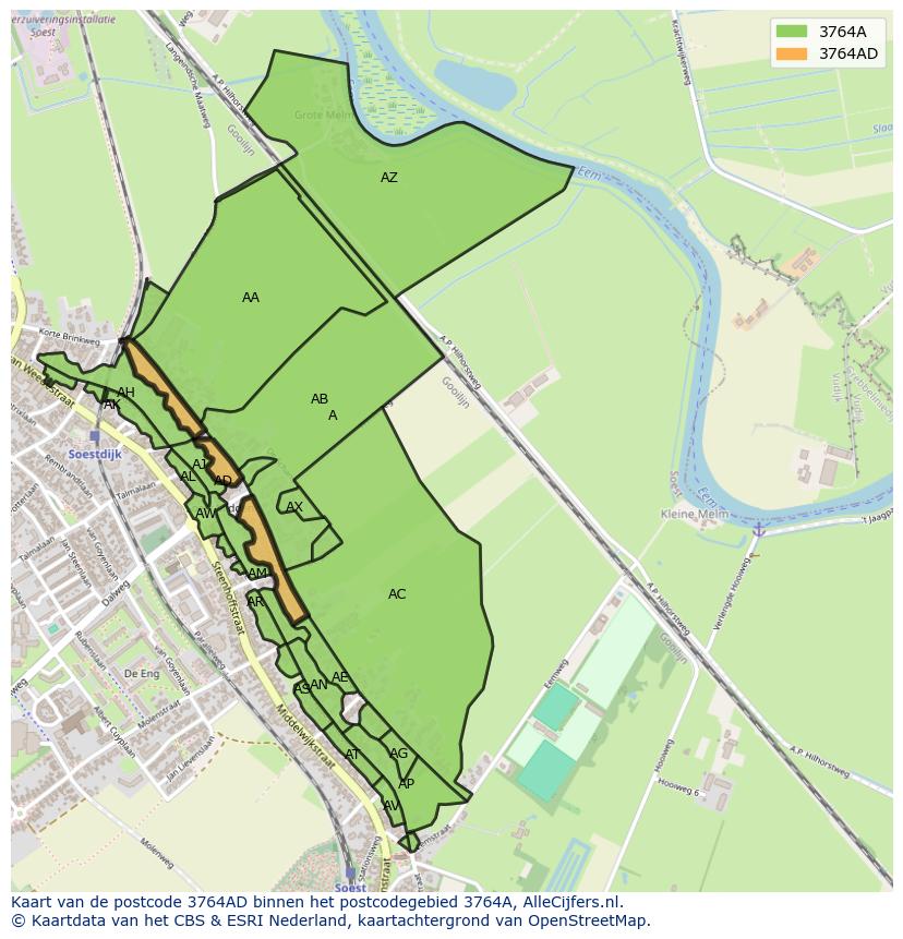 Afbeelding van het postcodegebied 3764 AD op de kaart.
