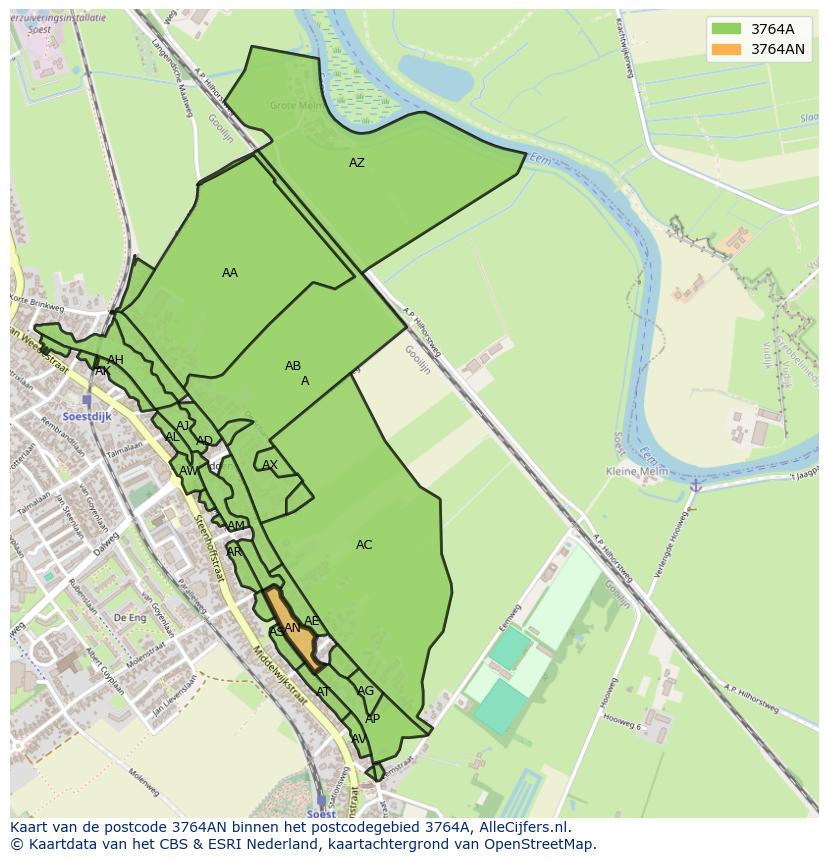 Afbeelding van het postcodegebied 3764 AN op de kaart.