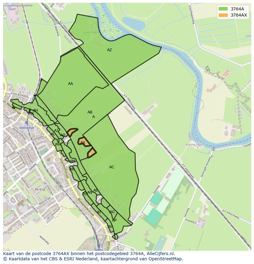 Afbeelding van het postcodegebied 3764 AX op de kaart.