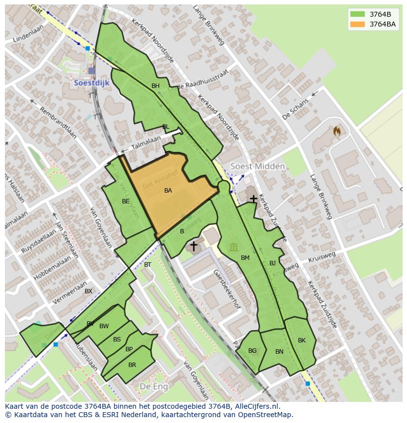 Afbeelding van het postcodegebied 3764 BA op de kaart.