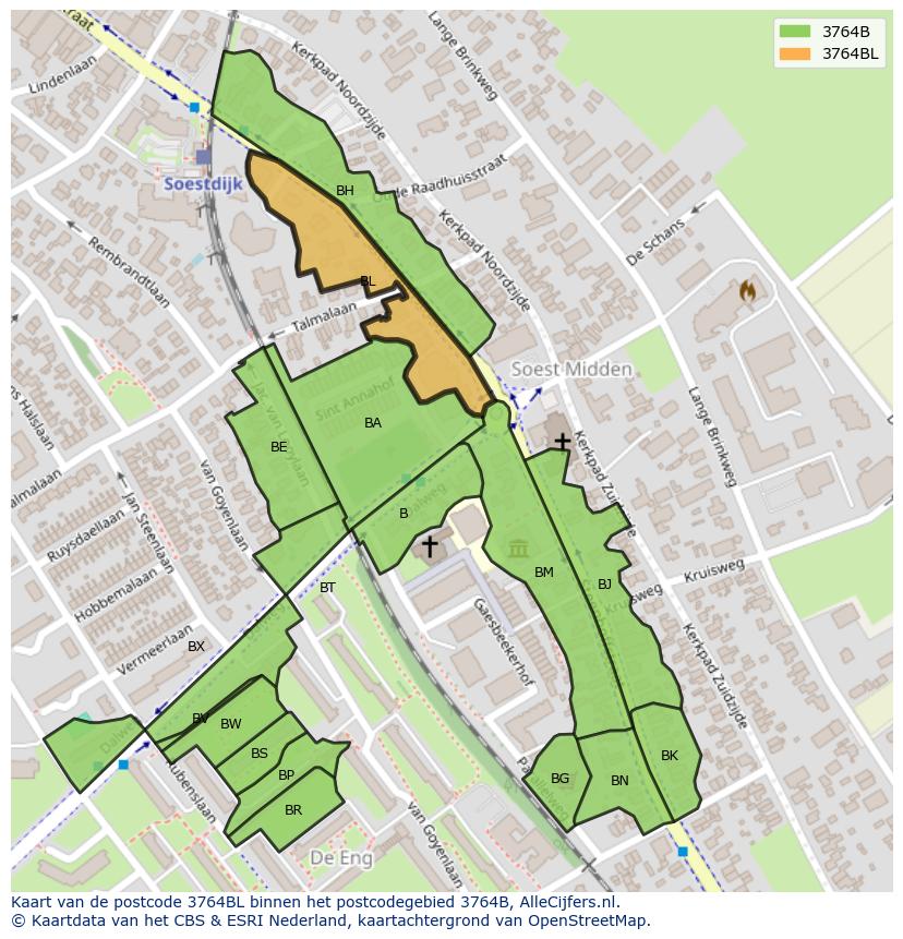 Afbeelding van het postcodegebied 3764 BL op de kaart.