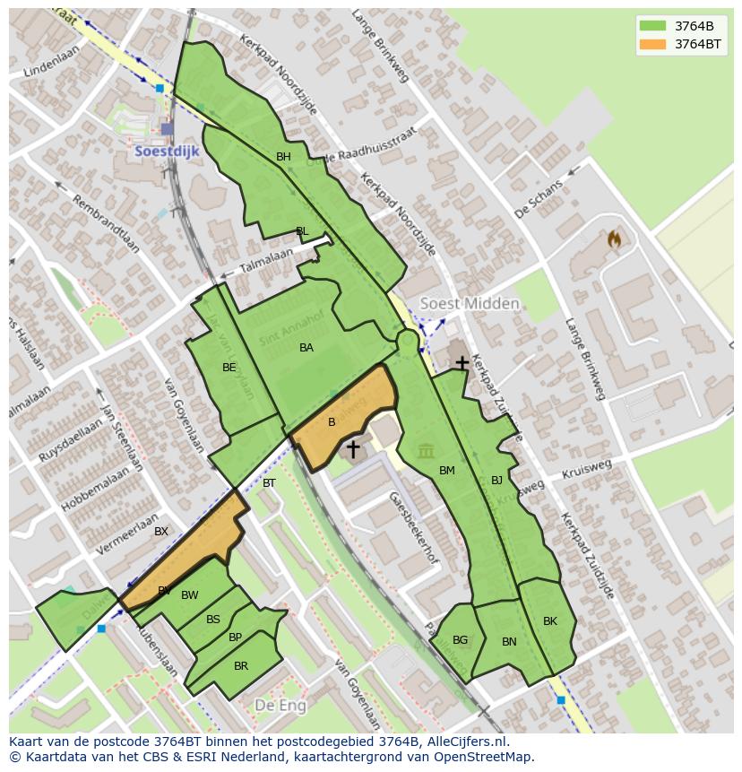 Afbeelding van het postcodegebied 3764 BT op de kaart.