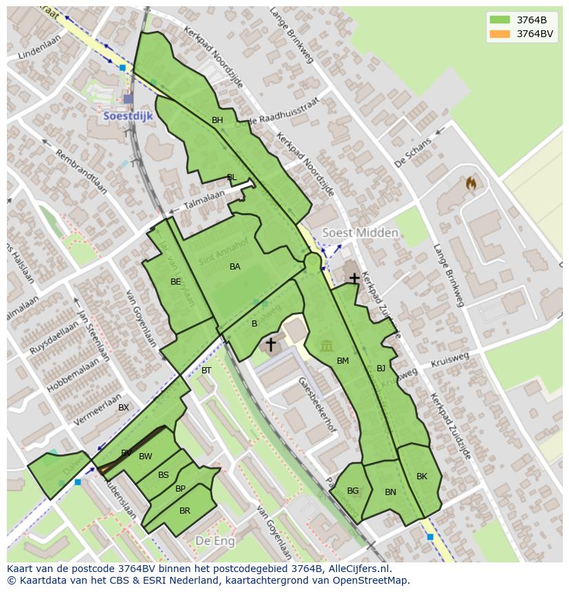 Afbeelding van het postcodegebied 3764 BV op de kaart.