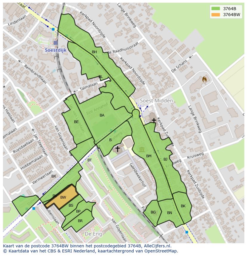 Afbeelding van het postcodegebied 3764 BW op de kaart.