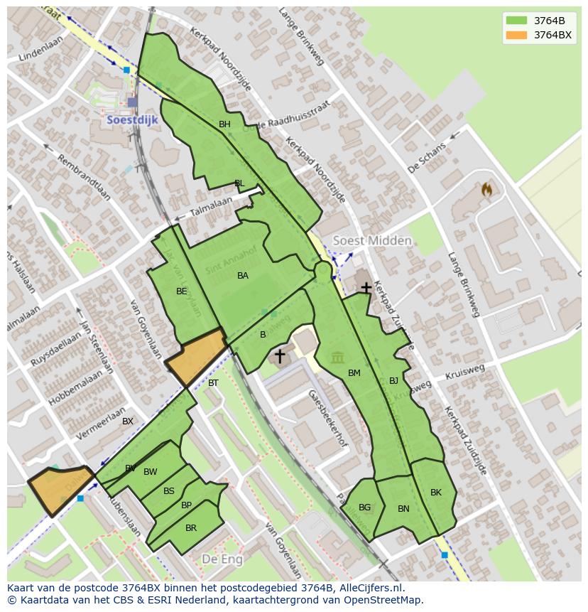Afbeelding van het postcodegebied 3764 BX op de kaart.