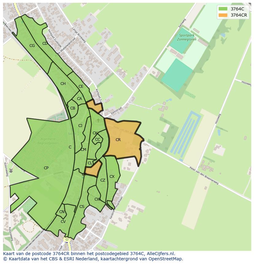 Afbeelding van het postcodegebied 3764 CR op de kaart.