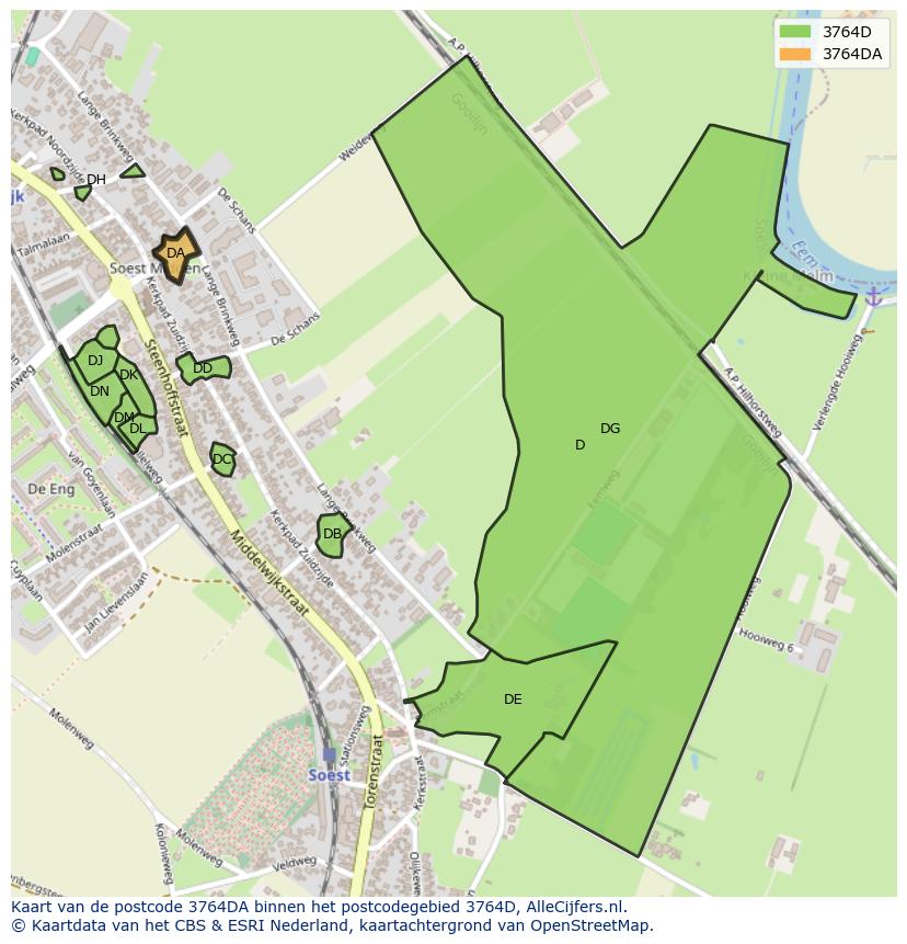 Afbeelding van het postcodegebied 3764 DA op de kaart.