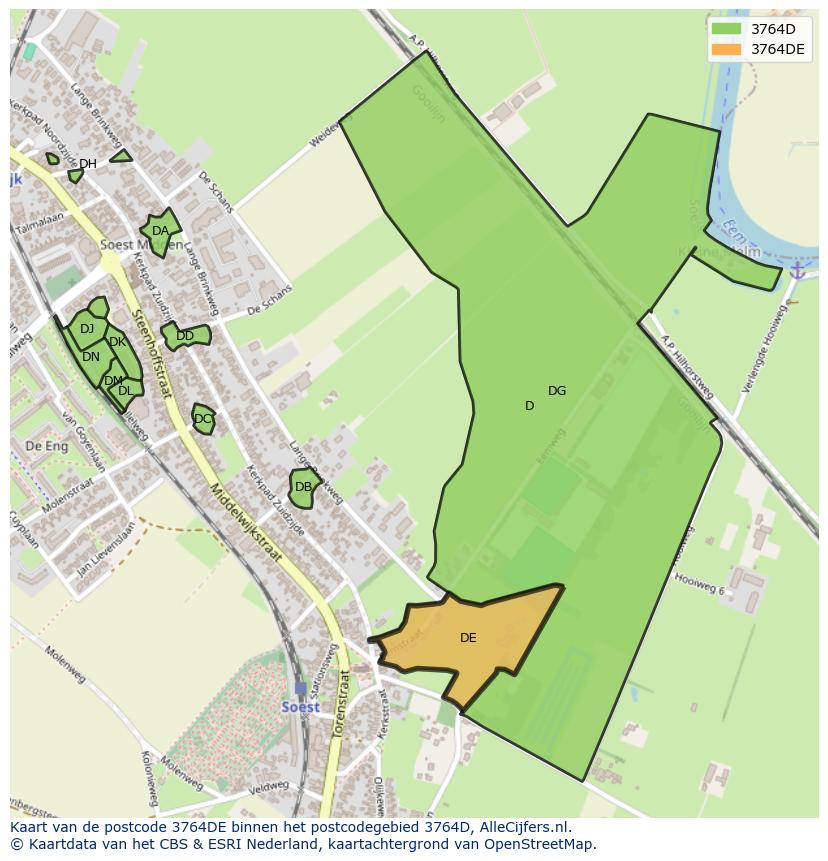 Afbeelding van het postcodegebied 3764 DE op de kaart.