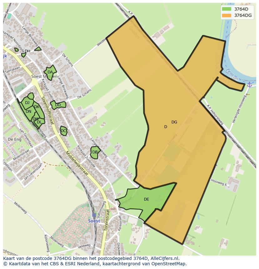 Afbeelding van het postcodegebied 3764 DG op de kaart.