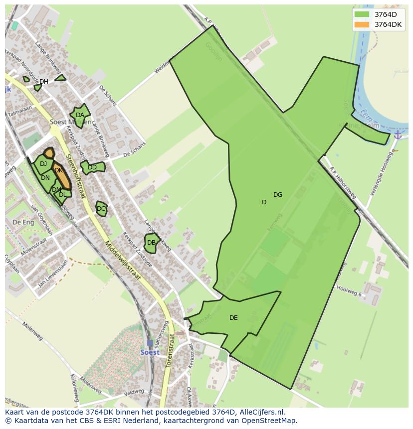 Afbeelding van het postcodegebied 3764 DK op de kaart.