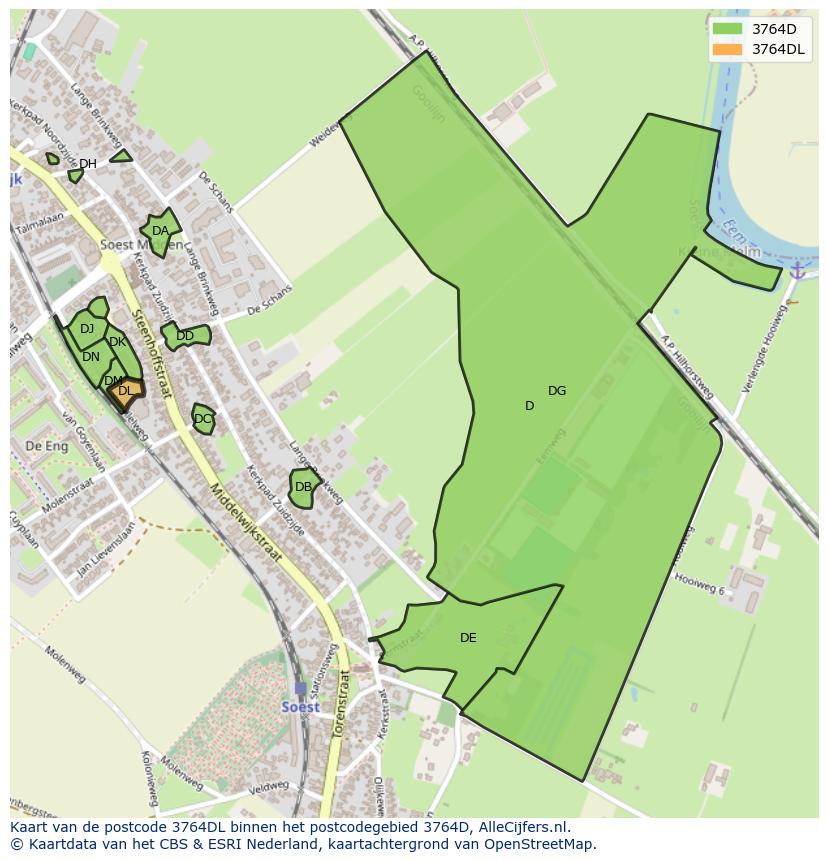 Afbeelding van het postcodegebied 3764 DL op de kaart.