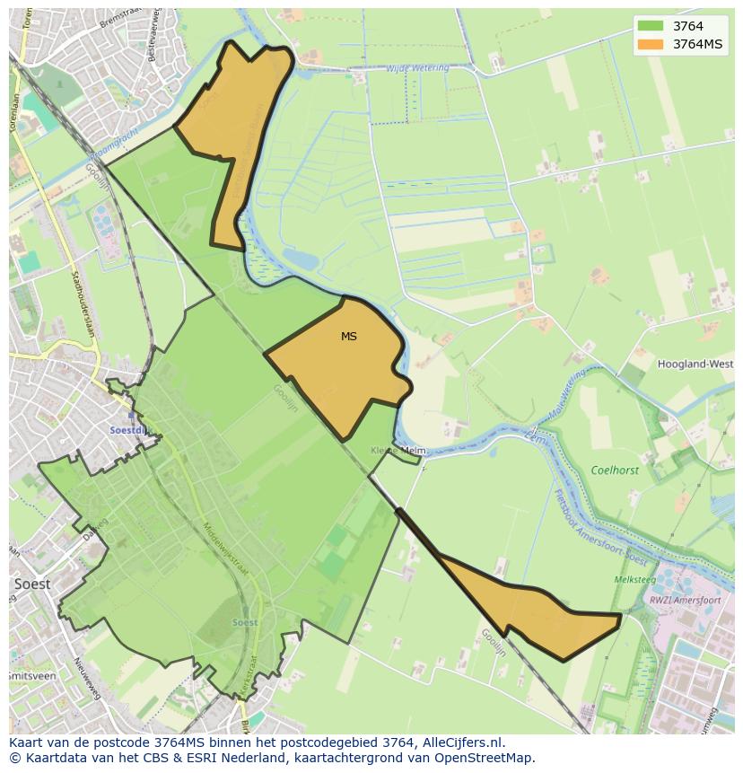 Afbeelding van het postcodegebied 3764 MS op de kaart.
