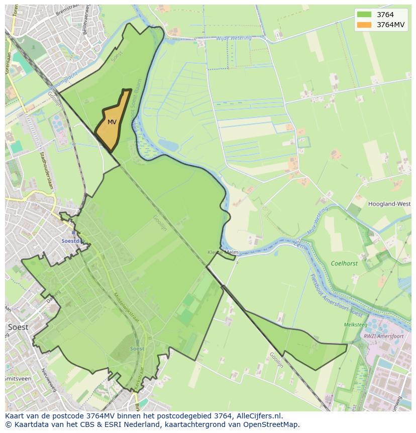 Afbeelding van het postcodegebied 3764 MV op de kaart.