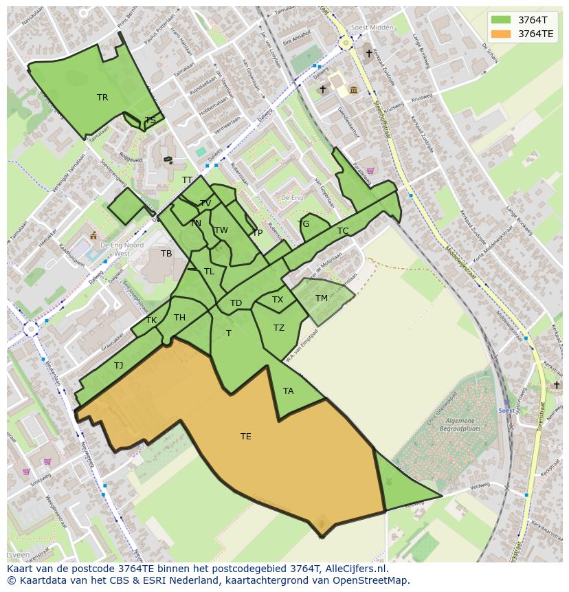 Afbeelding van het postcodegebied 3764 TE op de kaart.