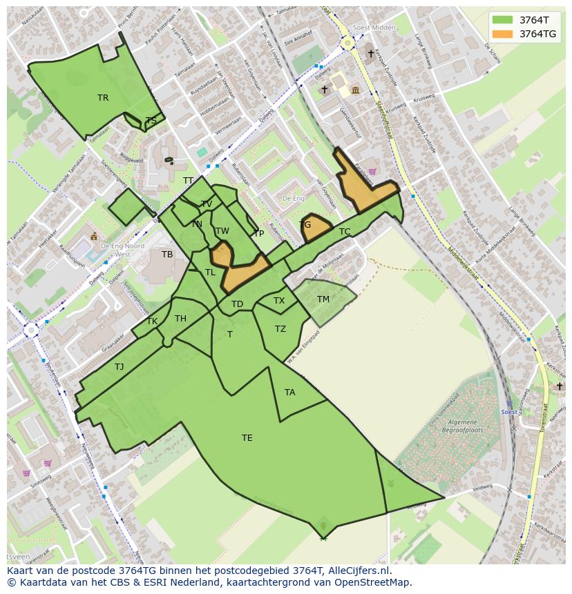 Afbeelding van het postcodegebied 3764 TG op de kaart.
