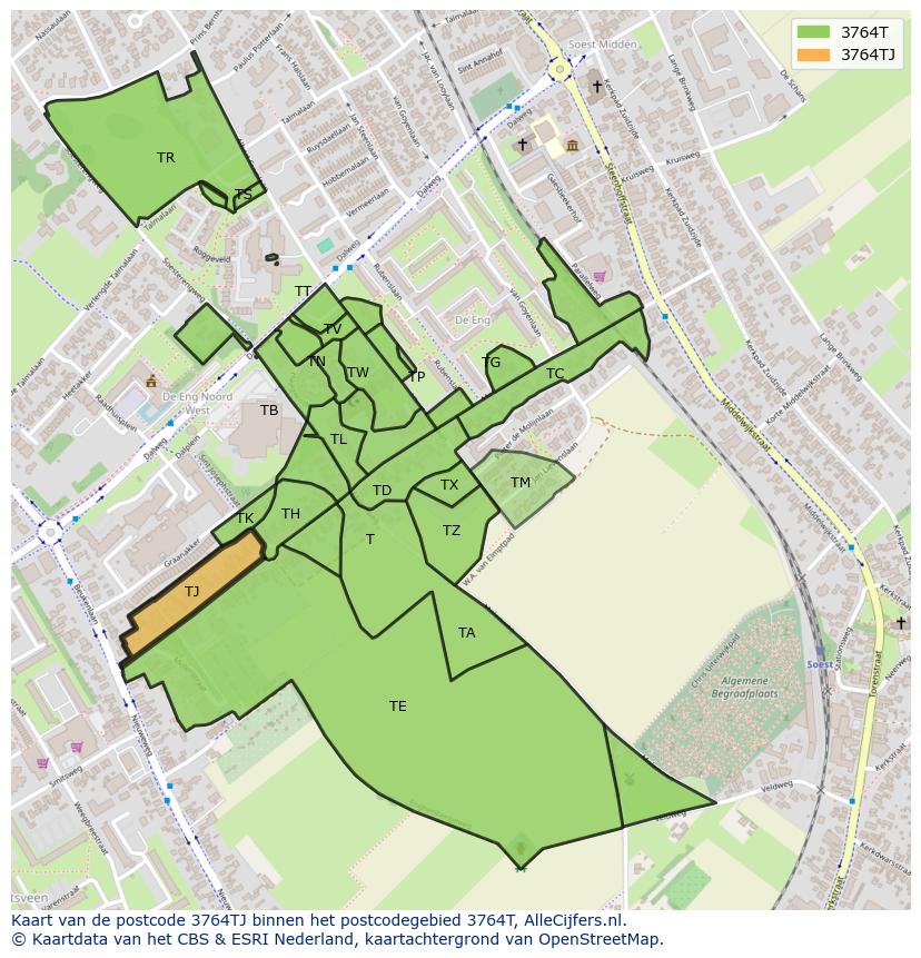 Afbeelding van het postcodegebied 3764 TJ op de kaart.