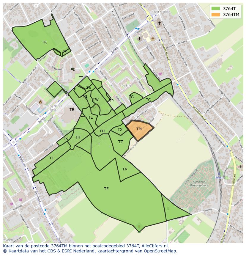 Afbeelding van het postcodegebied 3764 TM op de kaart.