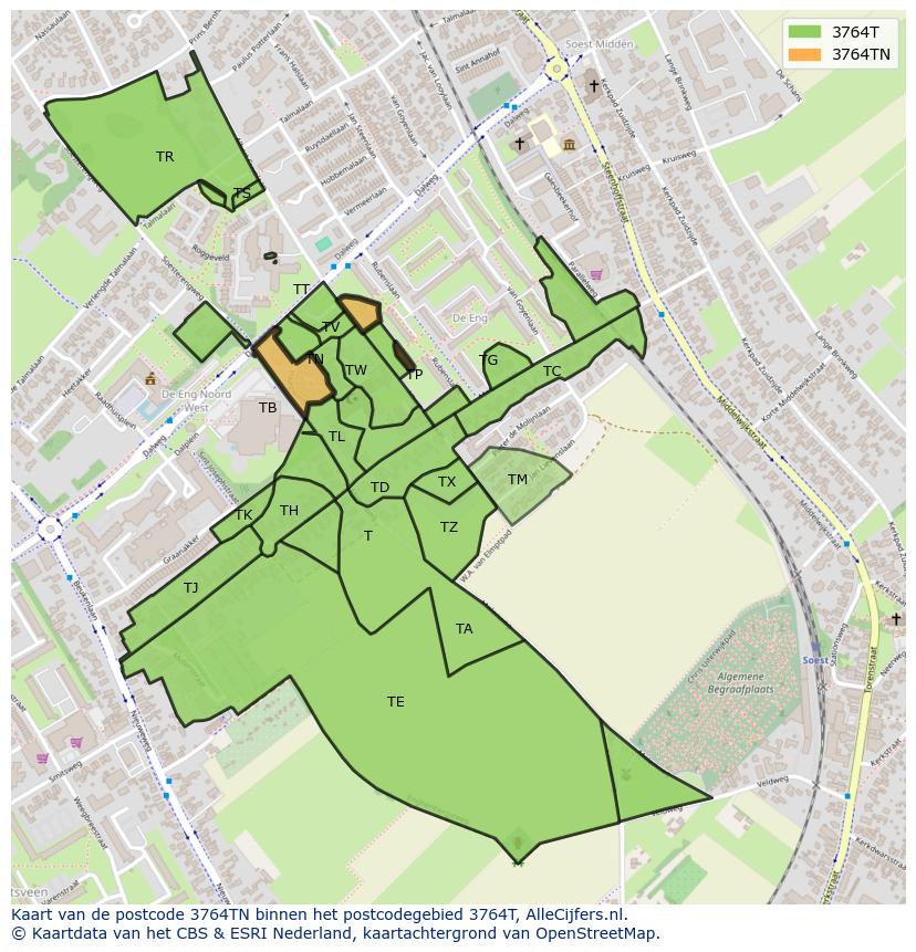 Afbeelding van het postcodegebied 3764 TN op de kaart.