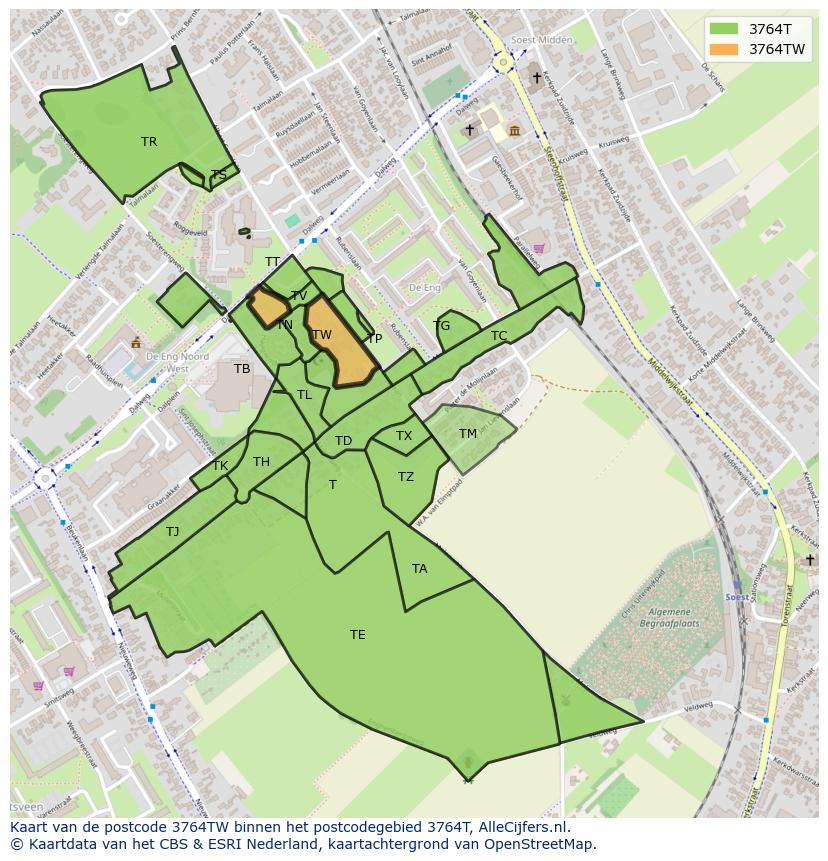 Afbeelding van het postcodegebied 3764 TW op de kaart.