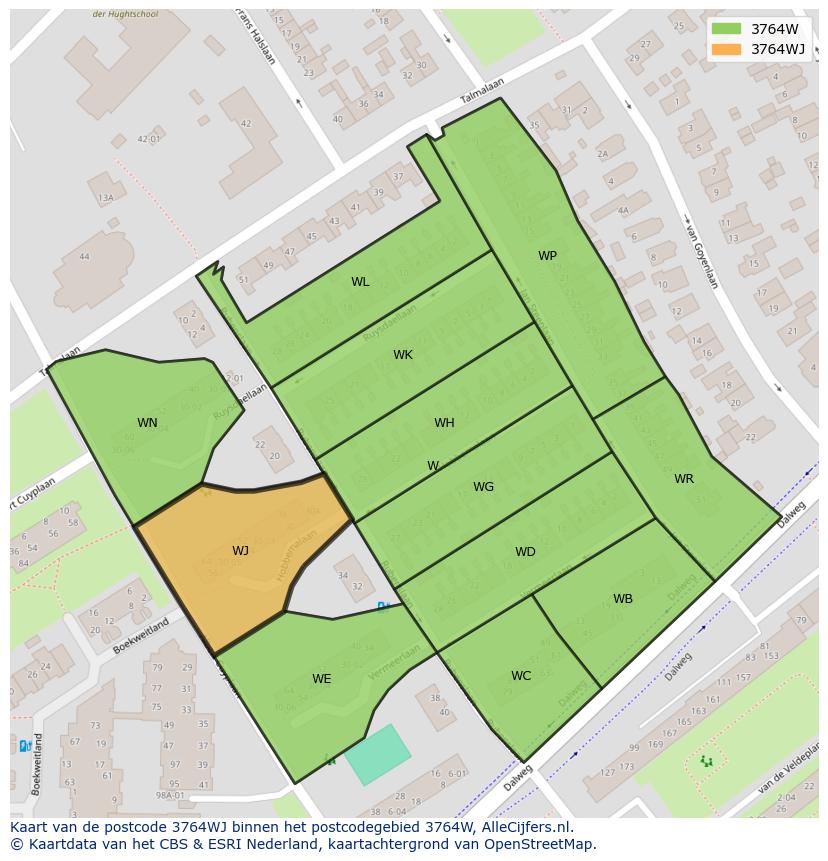 Afbeelding van het postcodegebied 3764 WJ op de kaart.