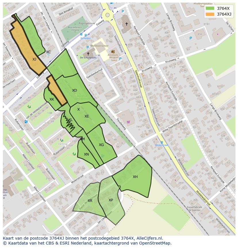 Afbeelding van het postcodegebied 3764 XJ op de kaart.